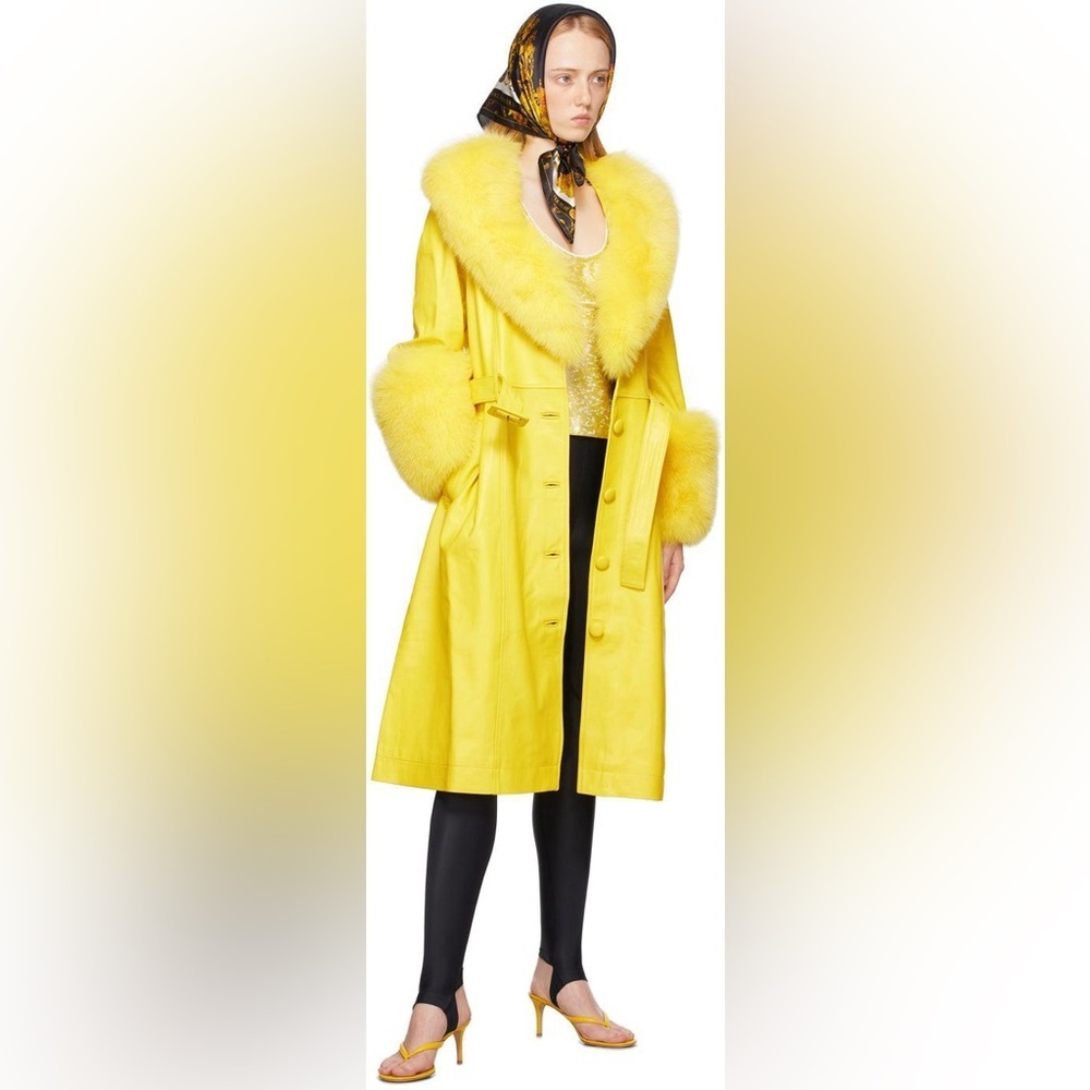 Saks Potts Yellow Fur-Trimmed Women's Coat with belt size 1
